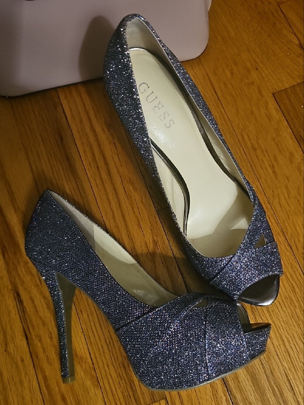 GUESS Women's Glitter Open-Toe Pumps in Navy Sparkle